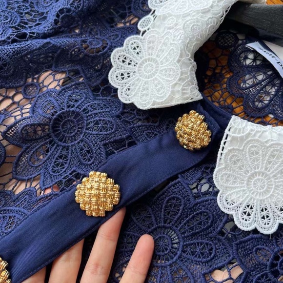 SELF PORTRAIT Collared Floral Guipure Belted Midi Dress - Picture 9 of 11